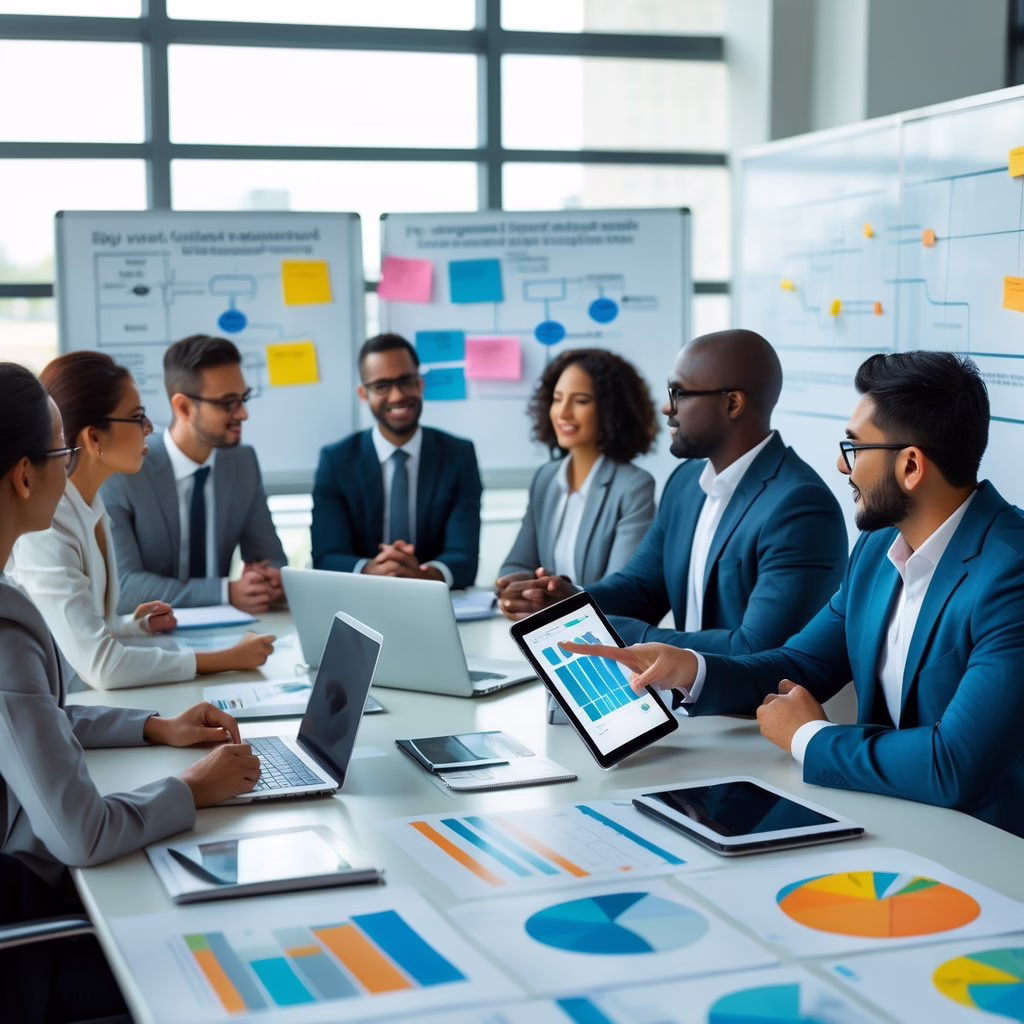 A group of business professionals collaborating around a conference table with laptops and charts, discussing client feedback and planning improvements.