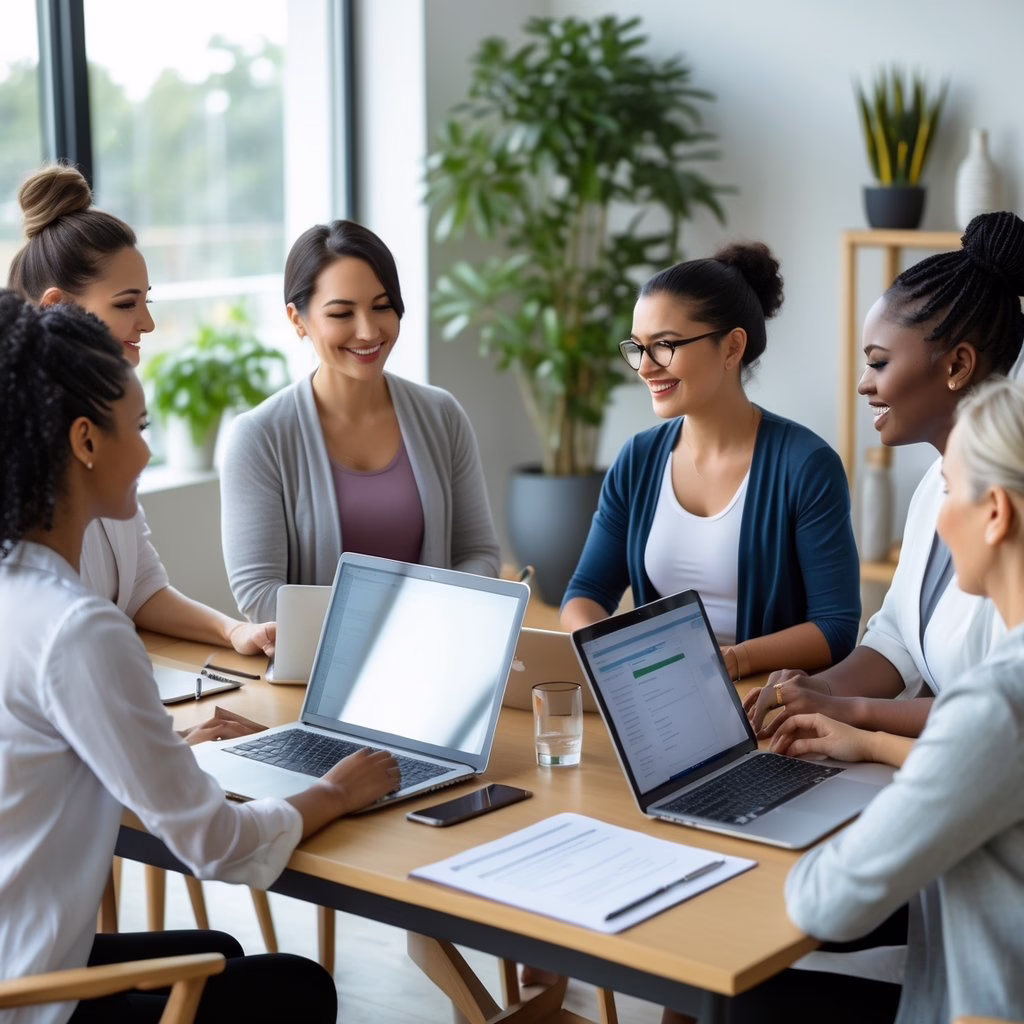 A group of holistic wellness practitioners discussing client feedback together in a bright, plant-filled room.