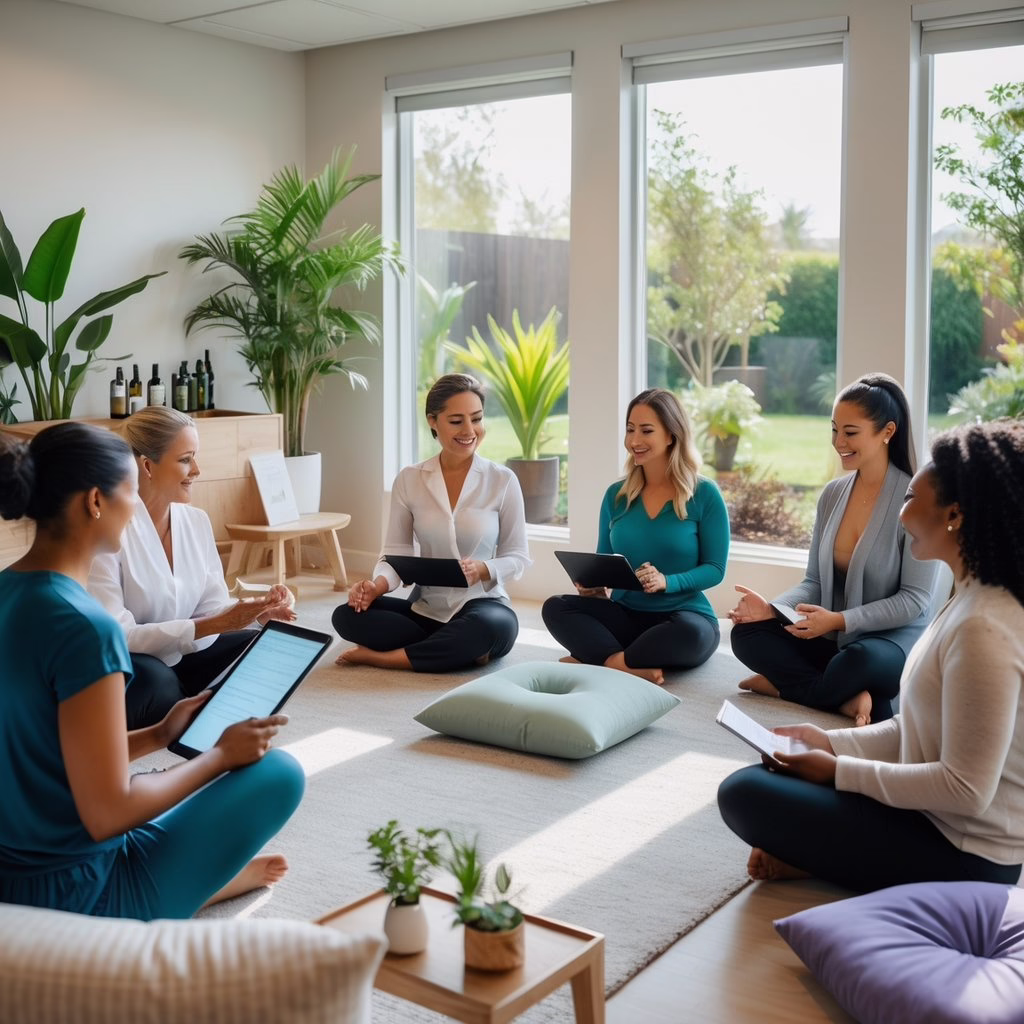A group of wellness practitioners and clients in a bright wellness center discussing and sharing feedback in a calm, inviting space.