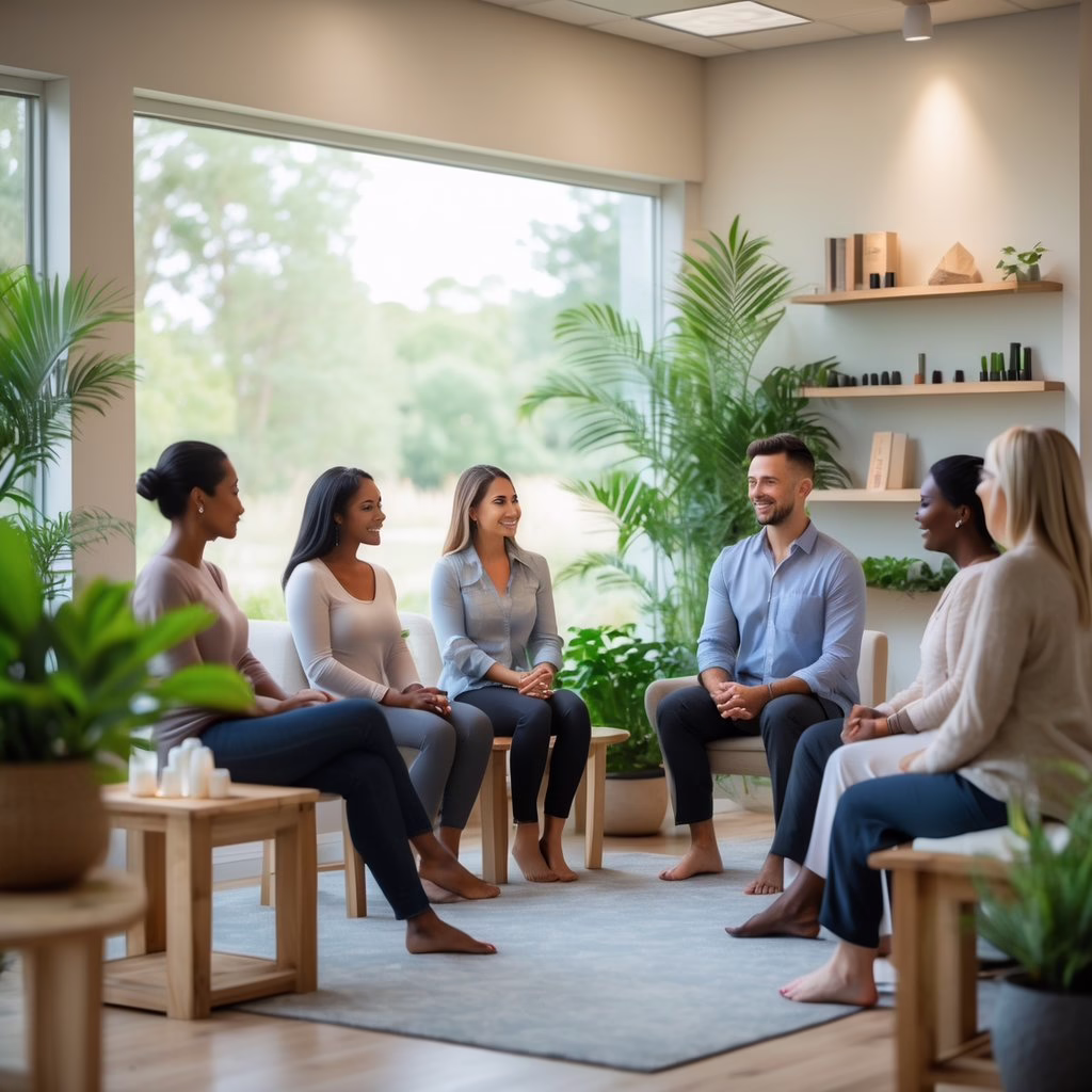 A holistic healing clinic with a practitioner listening attentively to clients in a calm, plant-filled consultation room.