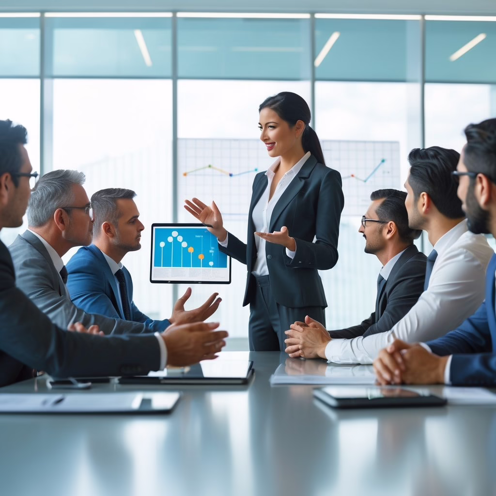 A group of business professionals having a meeting in a modern office, with one person presenting information to attentive clients around a conference table.