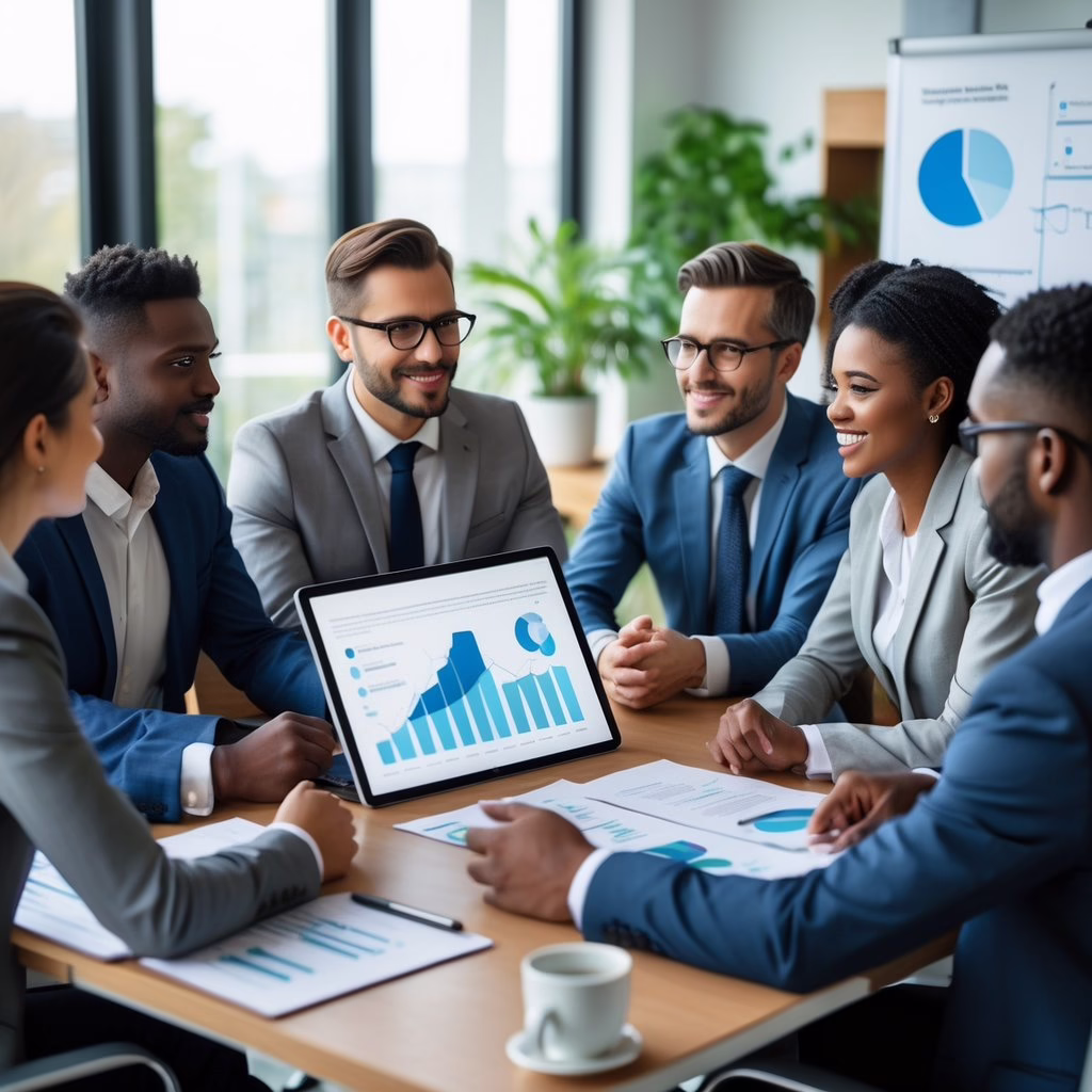 A group of business professionals having a meeting around a table, discussing project updates and collaborating.