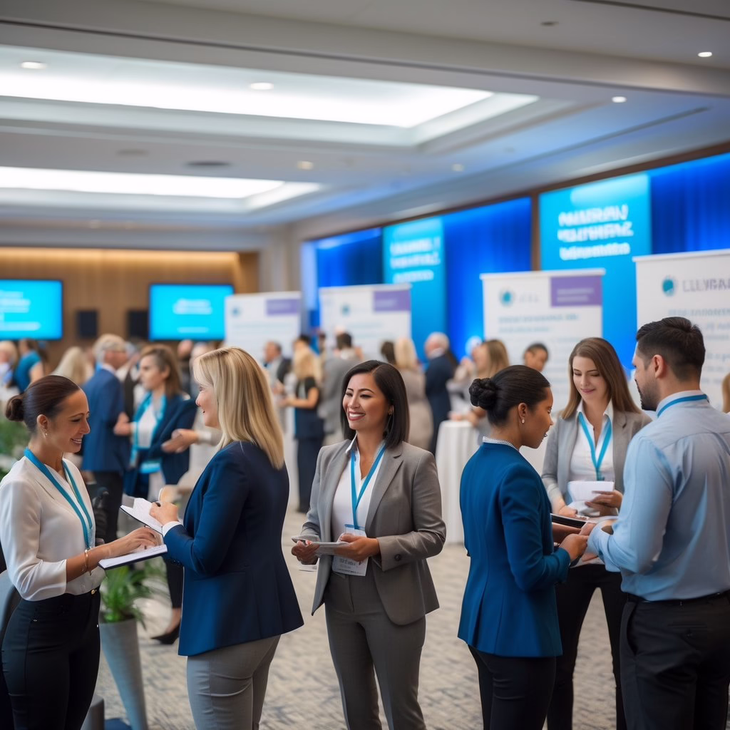 A group of holistic practitioners networking and attending a conference in a bright, modern conference hall.