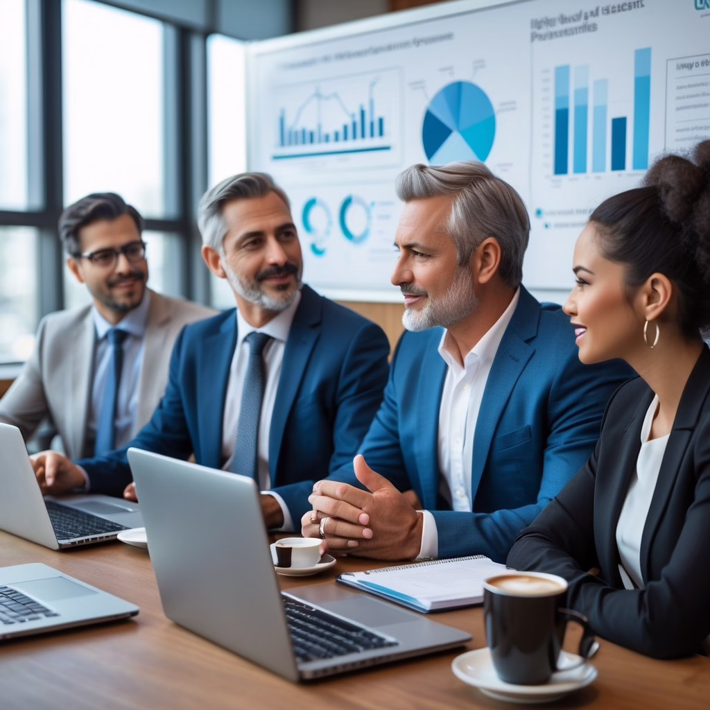 A diverse group of business professionals having a collaborative meeting around a conference table in a modern office.