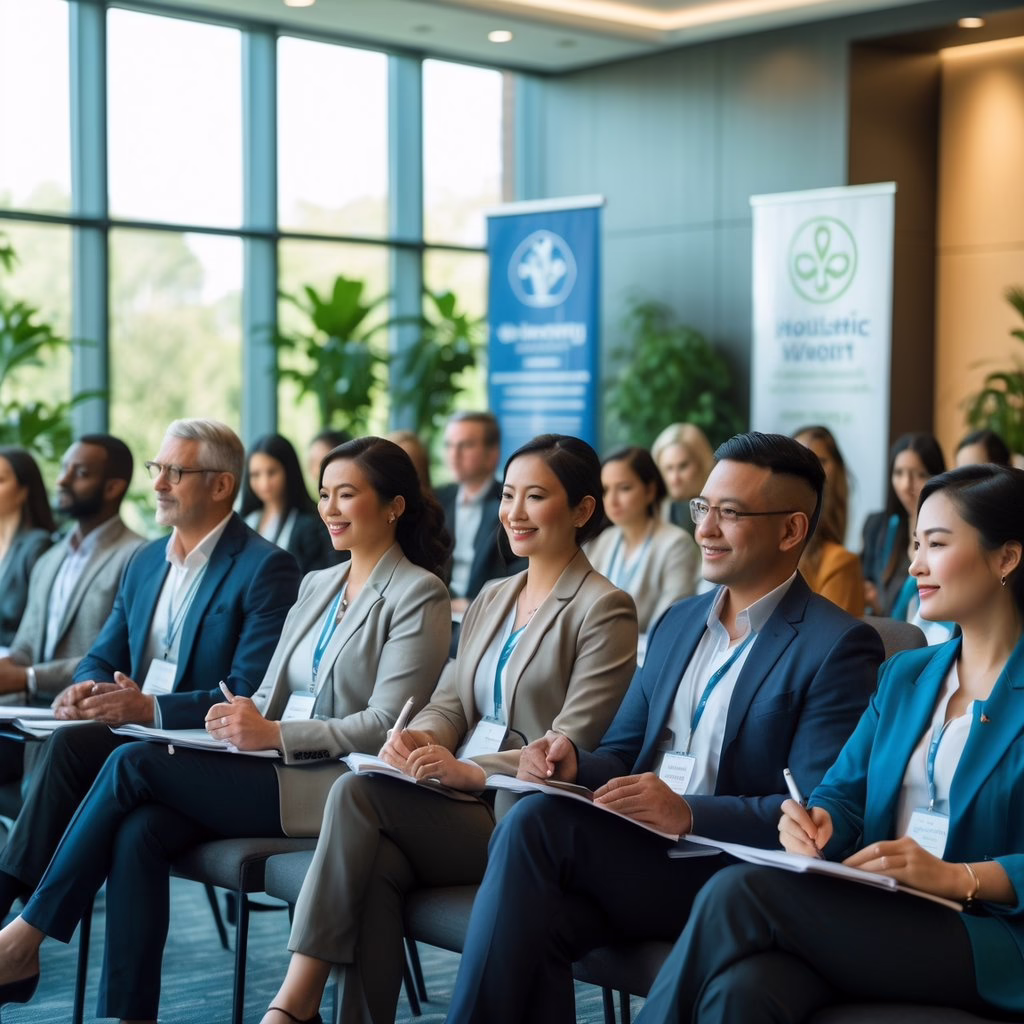 A diverse group of holistic practitioners attentively listening and taking notes at a conference in a bright, modern room with plants and wellness displays.