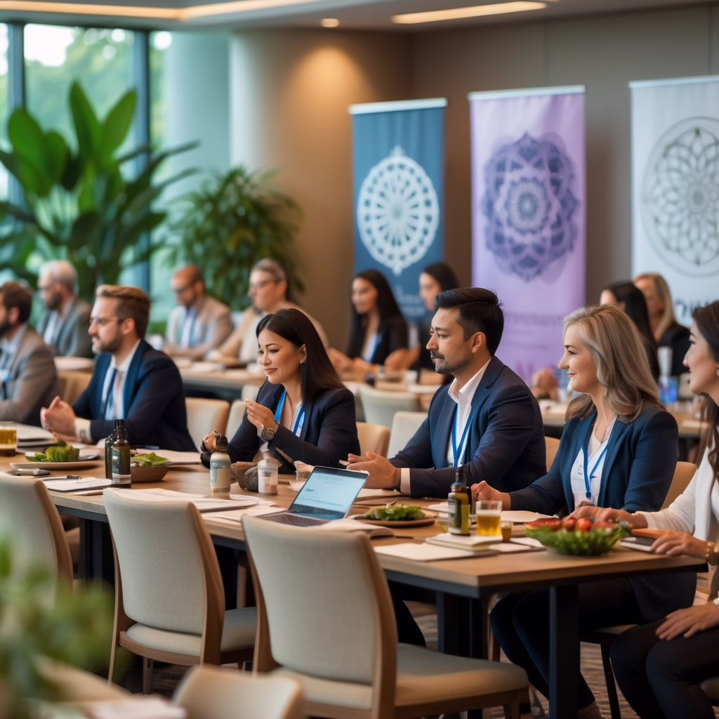 A group of holistic practitioners attending a conference, listening to a speaker and networking in a bright room with natural elements.