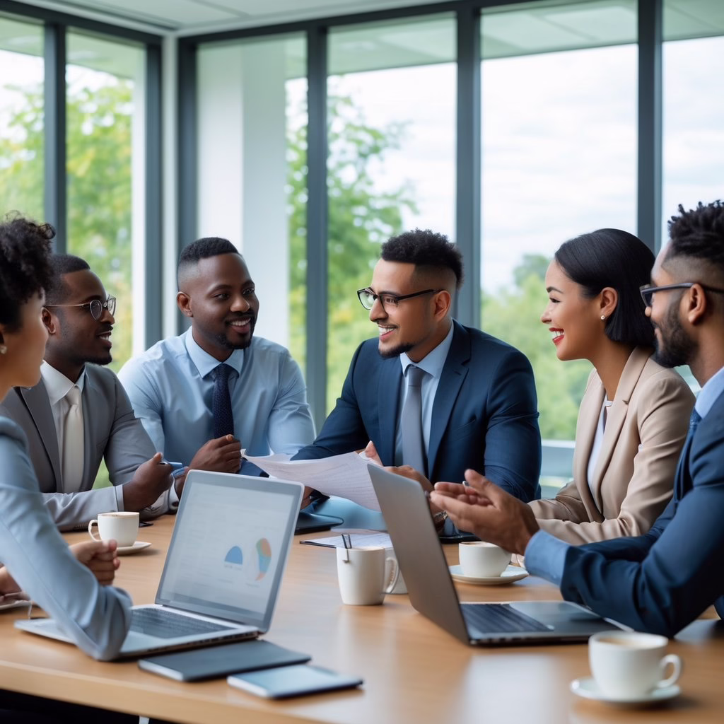 A diverse group of business professionals having a meeting in a bright office, exchanging ideas and listening attentively.