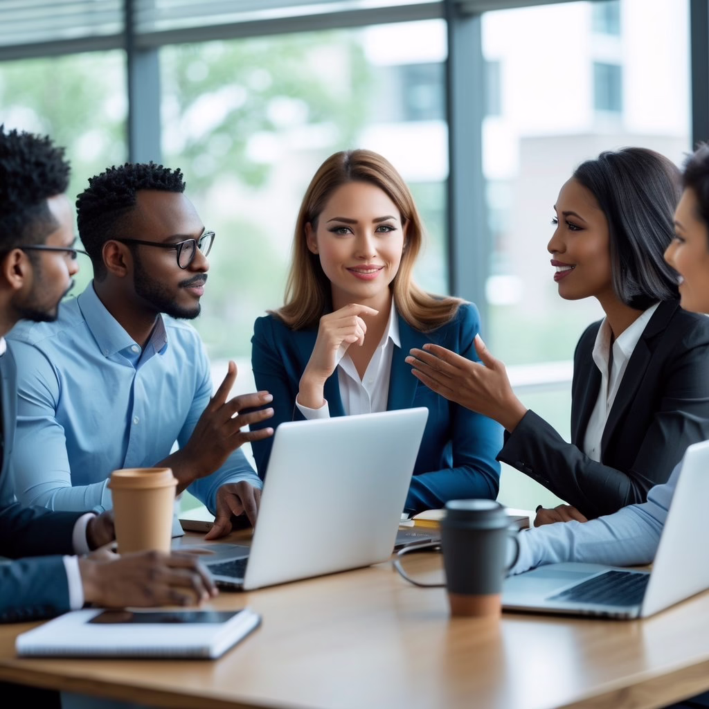 A diverse group of business professionals in an office having a thoughtful discussion around a conference table.