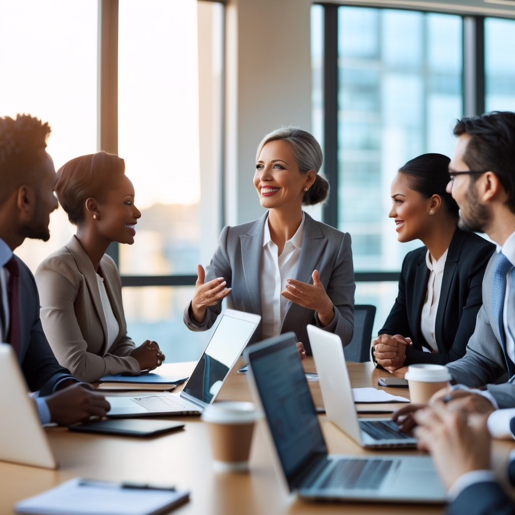 A group of business professionals having a collaborative meeting in a modern office, showing trust and open communication.