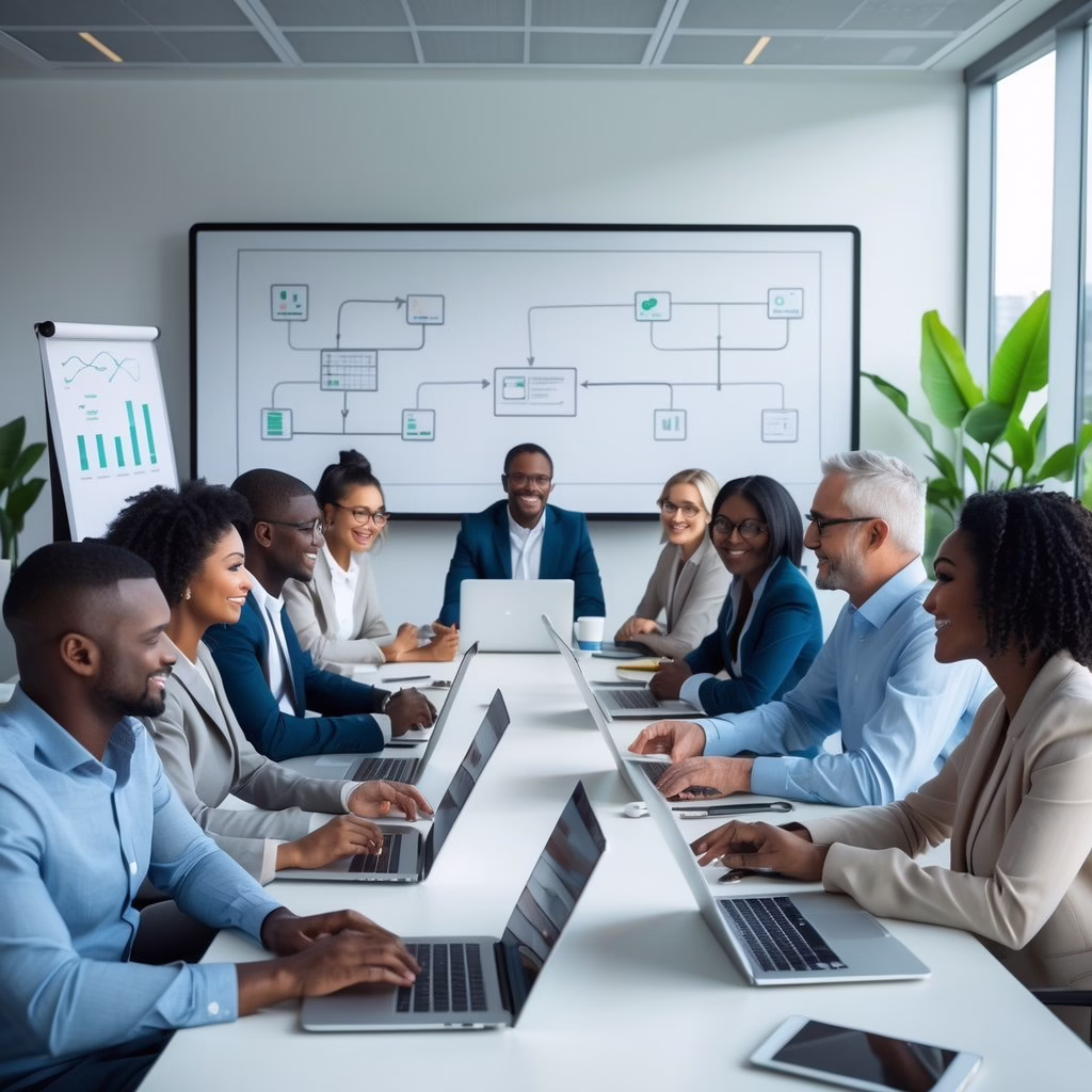 A diverse group of professionals in a bright conference room engaged in discussion around a table with laptops and notebooks.