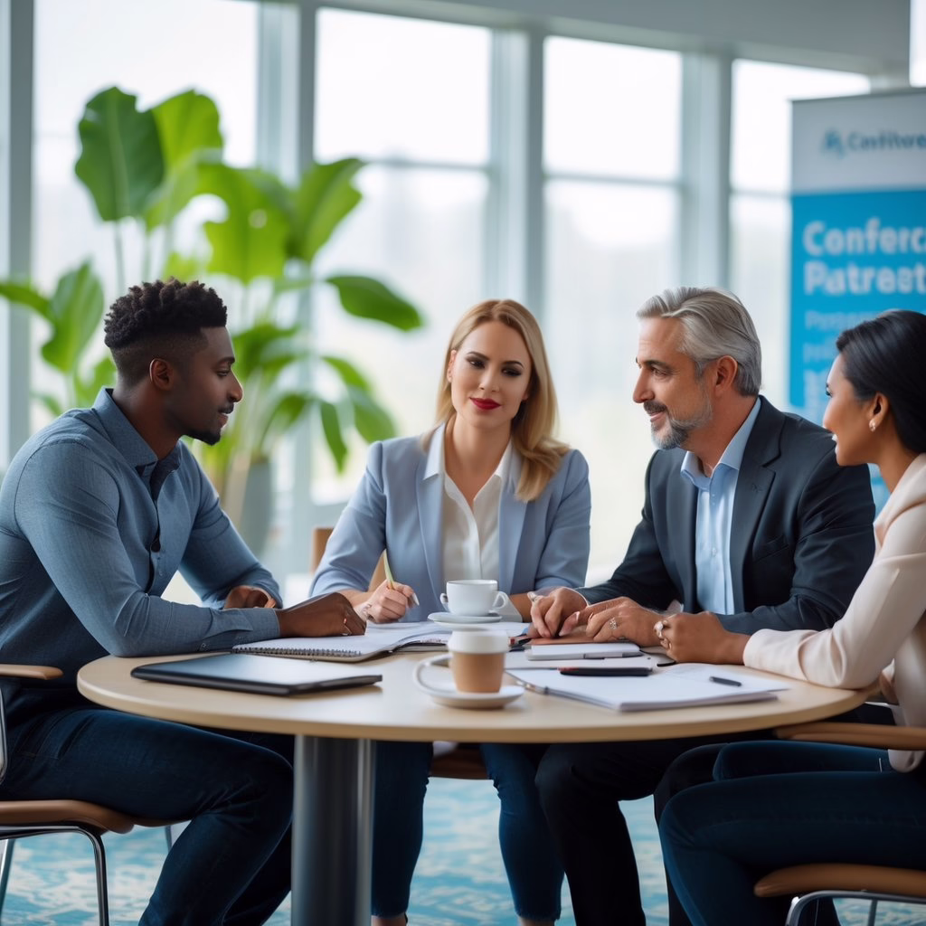 Three professionals at different career stages discussing documents around a table in a bright conference room.