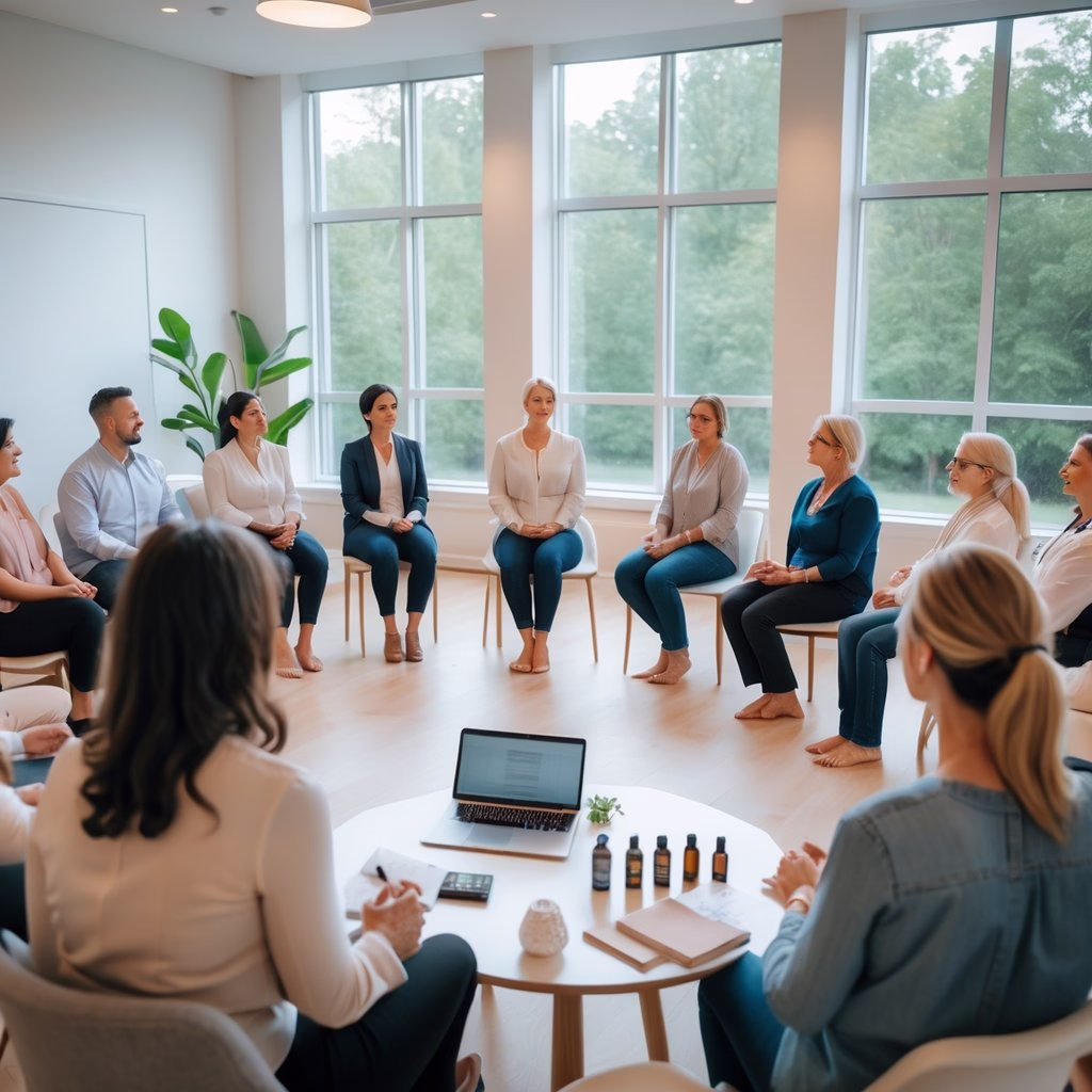 A diverse group of adults attentively participating in a healing workshop led by a facilitator in a bright room with natural light and plants outside.