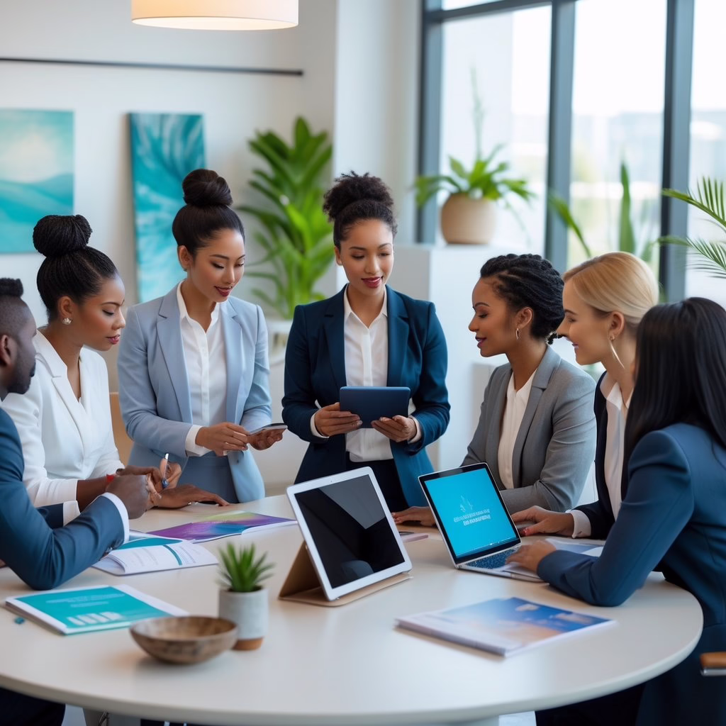 A group of professionals collaborating around a conference table with laptops and notebooks in a bright office setting.