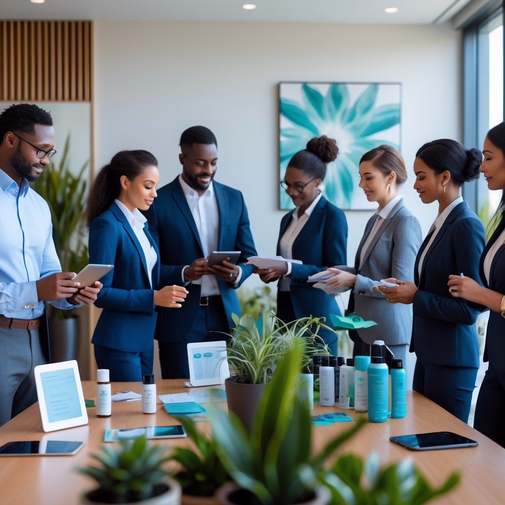 A group of professionals preparing materials and discussing plans in a conference room with plants and wellness items.