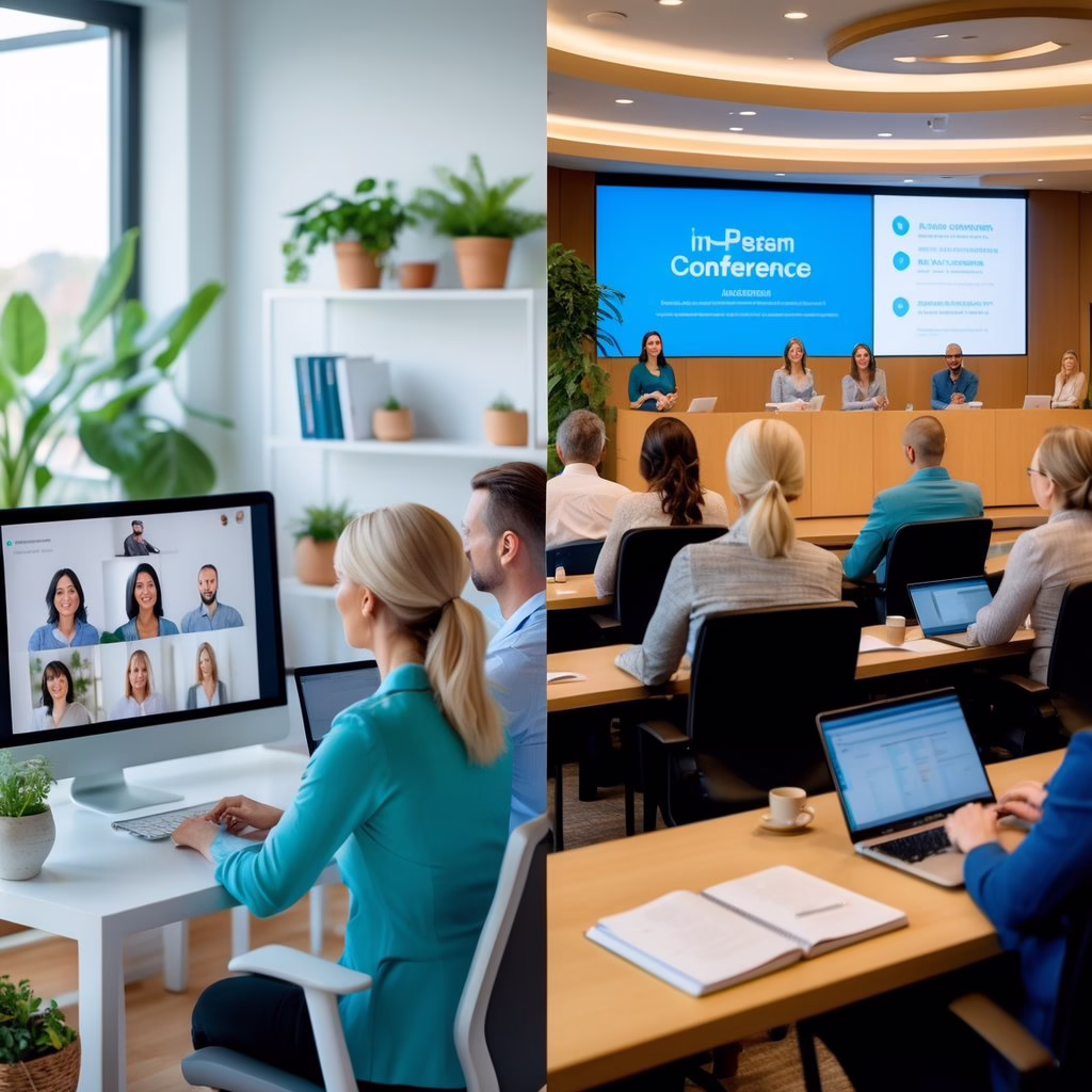 A split image showing holistic practitioners participating in a virtual conference on a computer screen at home and attending an in-person conference in a conference room.