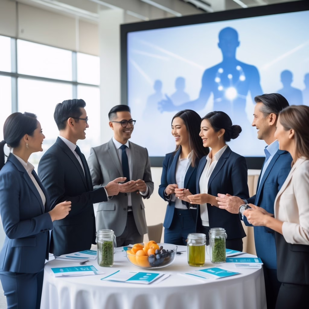 A group of business professionals networking and listening to a speaker at a holistic health conference in a bright, modern venue.