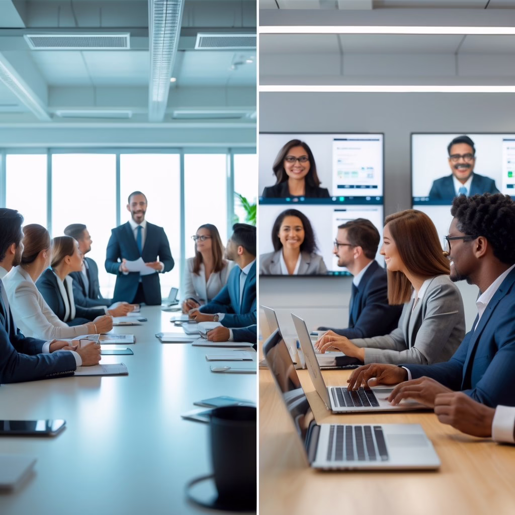 Split scene showing people attending an in-person conference on one side and others participating in a virtual conference on computer screens on the other side.