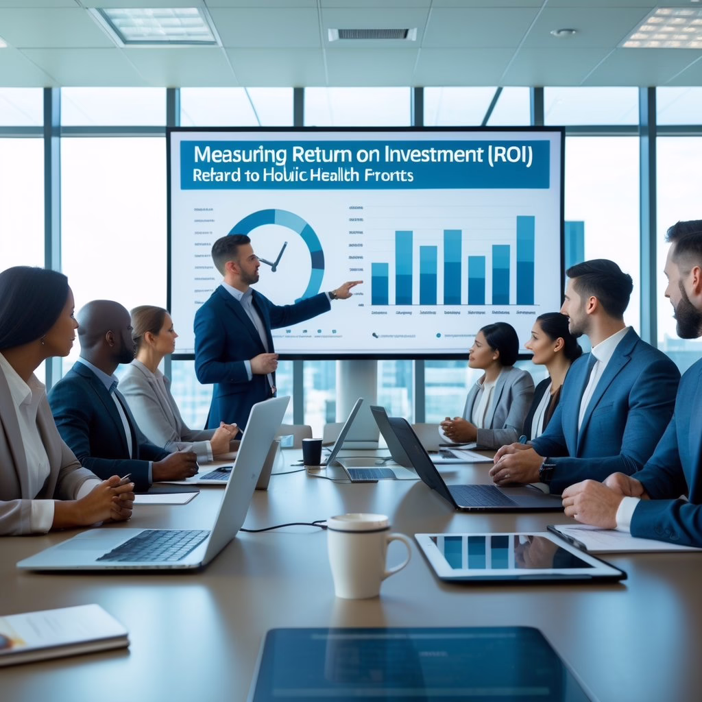 A group of business professionals in a conference room analyzing charts and discussing strategies around a table with laptops and notebooks.