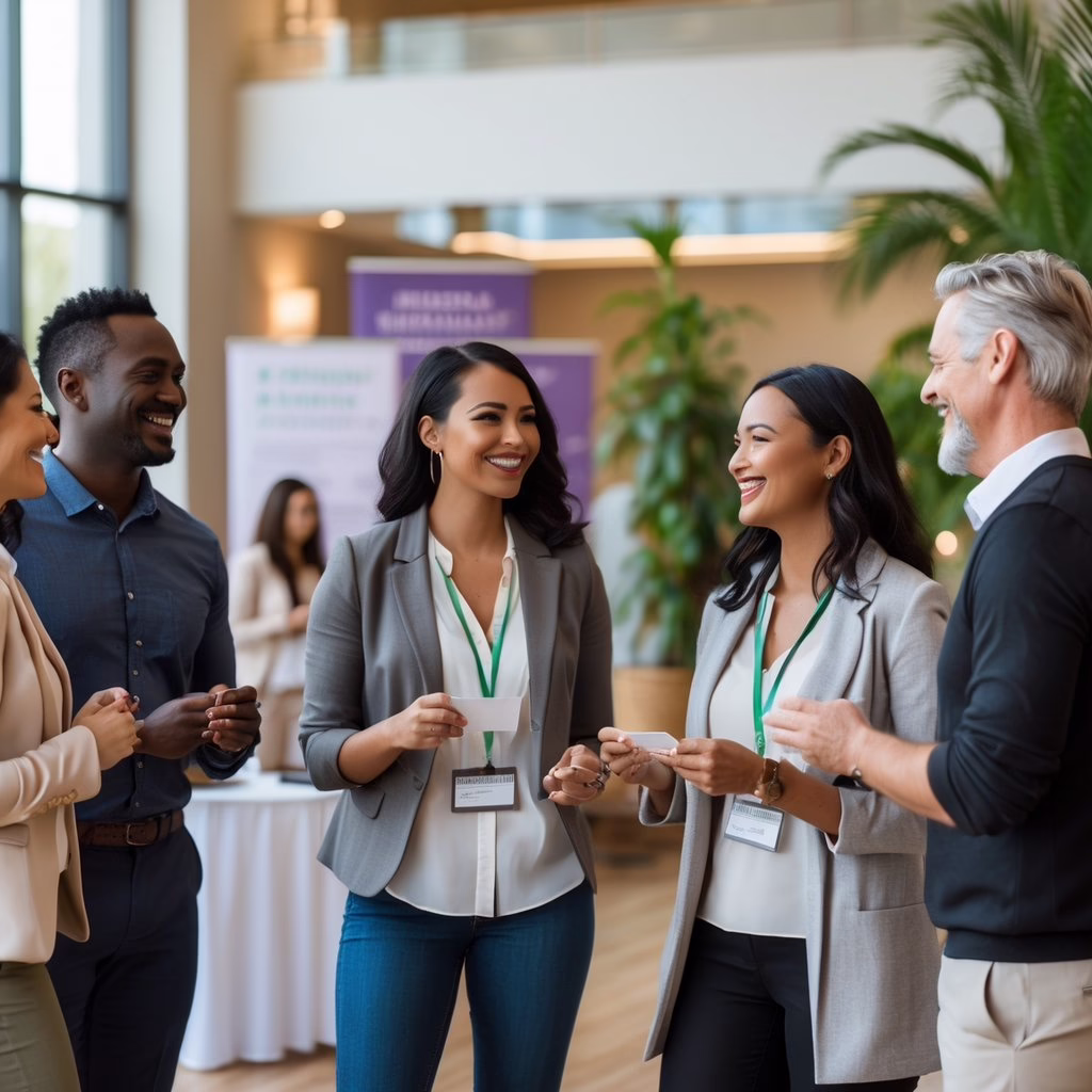 A diverse group of people warmly networking and exchanging contact information at a holistic health event in a bright, plant-filled room.
