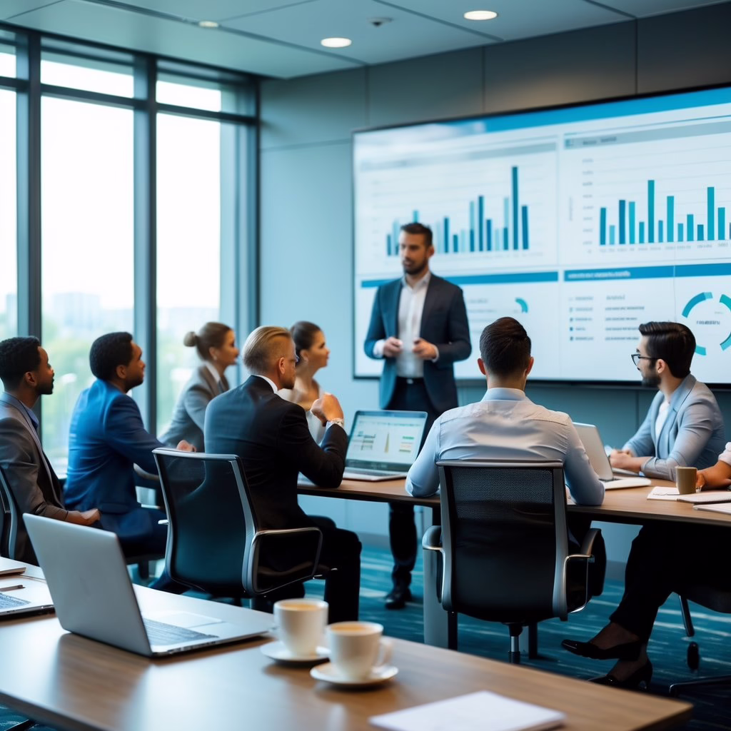 A group of professionals collaborating in a conference room with a presenter and participants taking notes and discussing ideas.