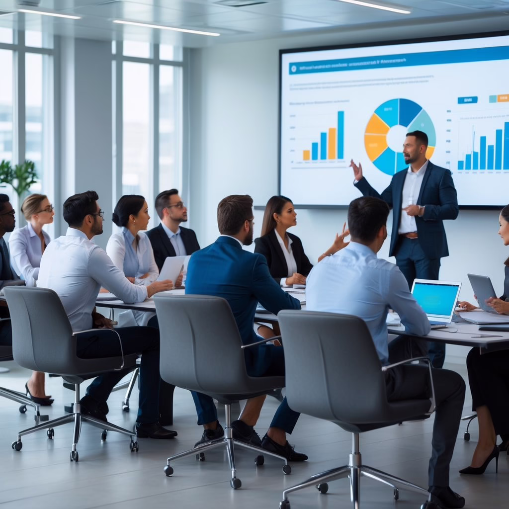 A group of business professionals attending a workshop in a conference room, listening to a speaker and taking notes.