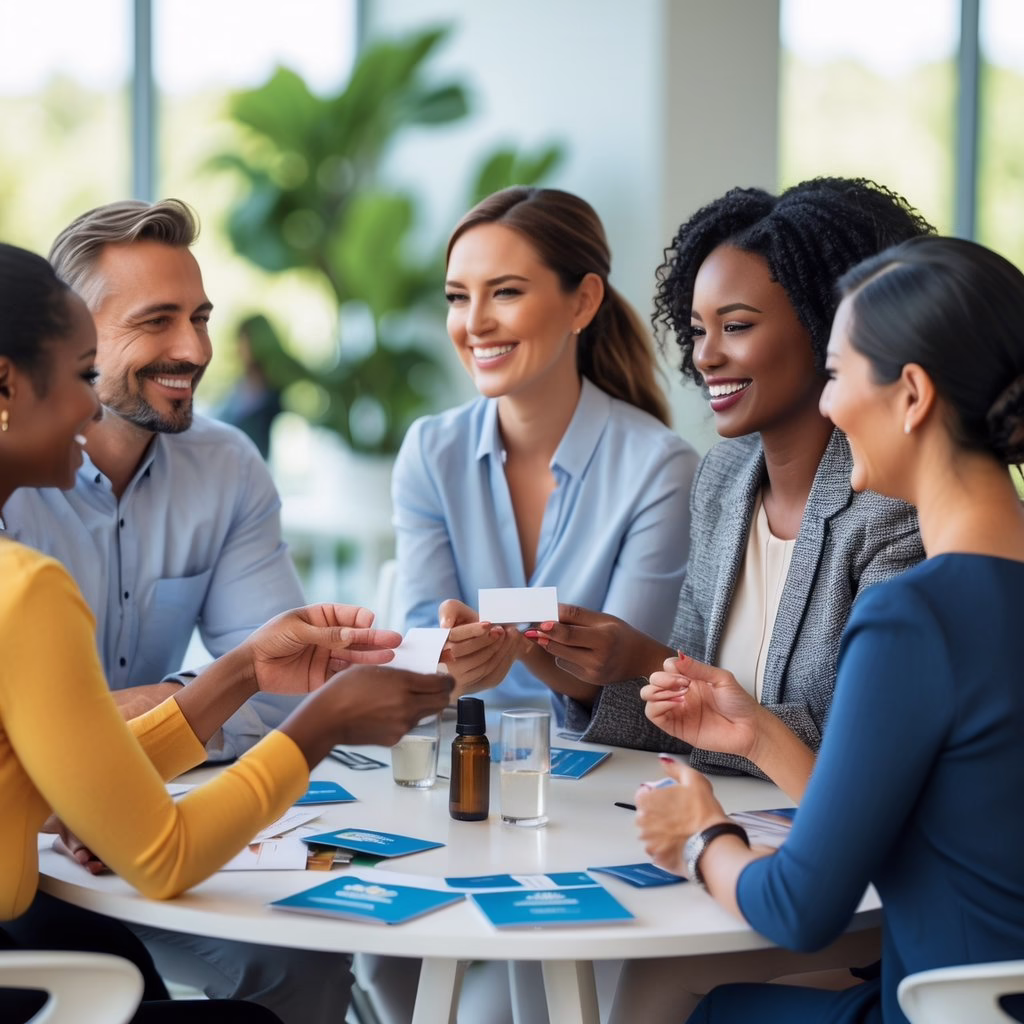 A diverse group of people warmly networking and exchanging business cards at a holistic health event in a bright conference room with plants.