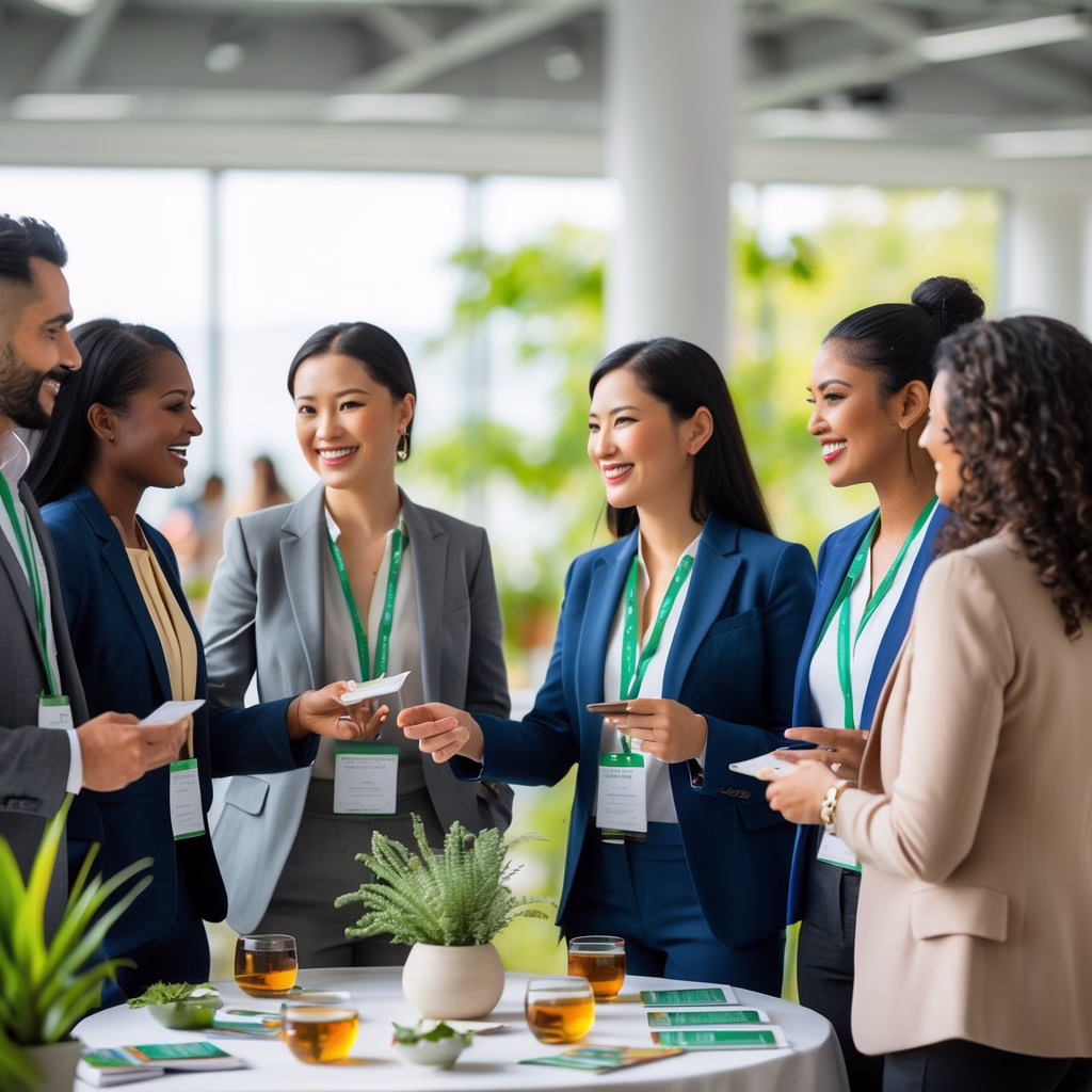 A group of diverse professionals warmly interacting and exchanging contacts at a bright, modern holistic health event.