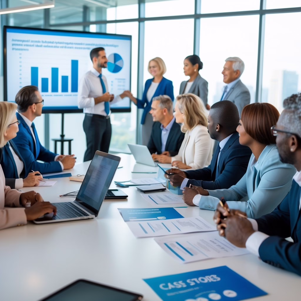 A group of professionals in a conference room attending a workshop with a presenter and participants discussing and taking notes.