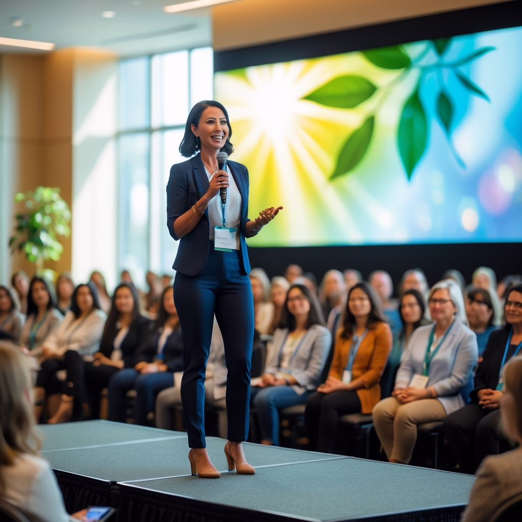 A woman speaking on stage to an attentive audience at a holistic health conference.
