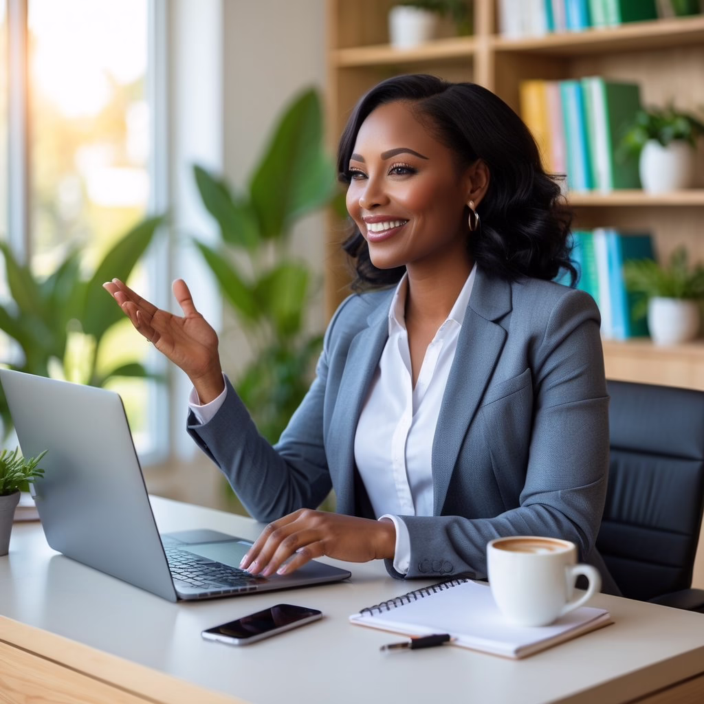 A woman in business casual clothing sitting at a desk, speaking on a video call with a laptop in a bright office with plants and bookshelves.