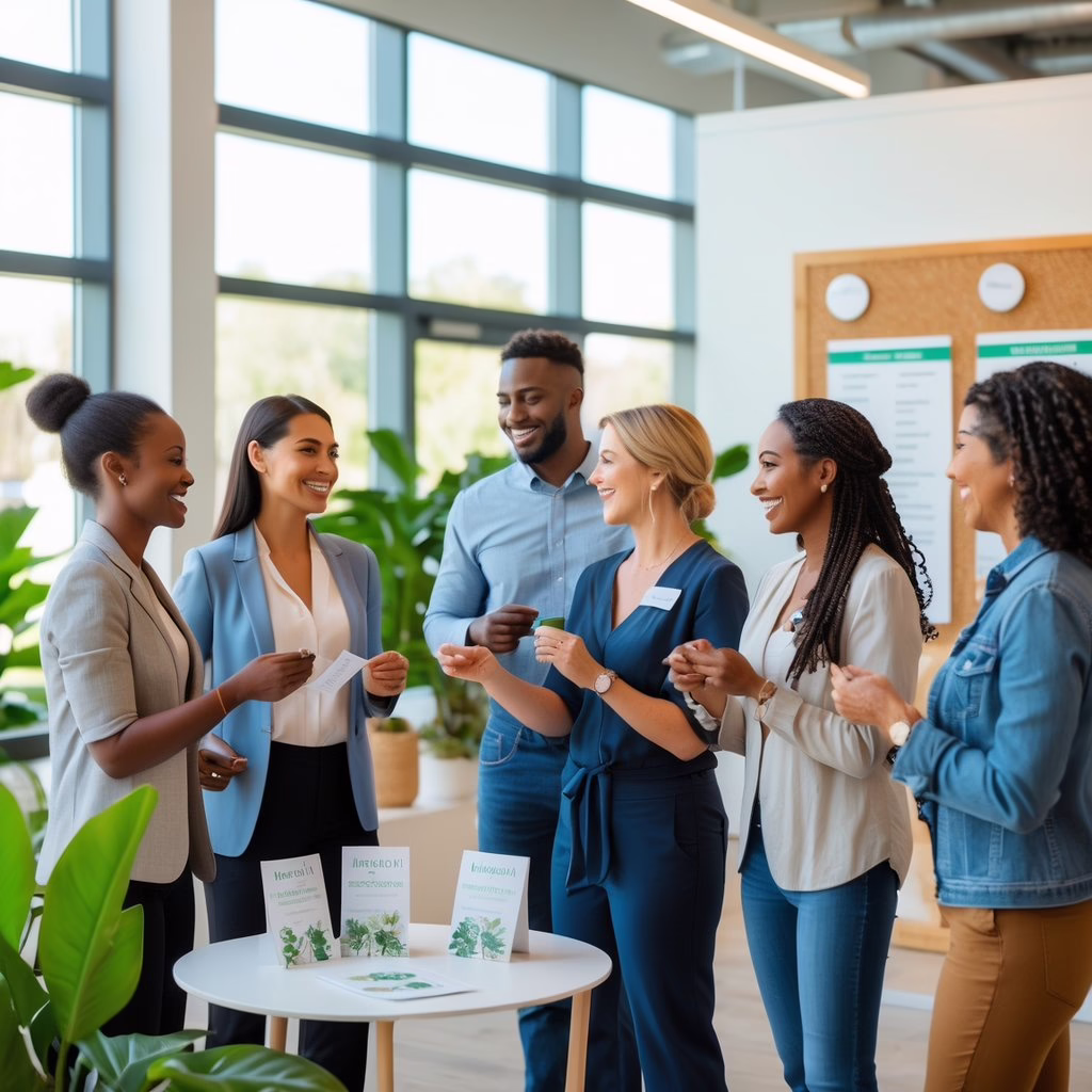A group of people talking and exchanging business cards at a networking event in a bright, modern space with plants and informational materials.