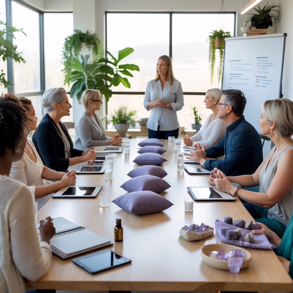 A group of adults attentively participating in a holistic healing workshop led by an instructor in a bright, welcoming room.