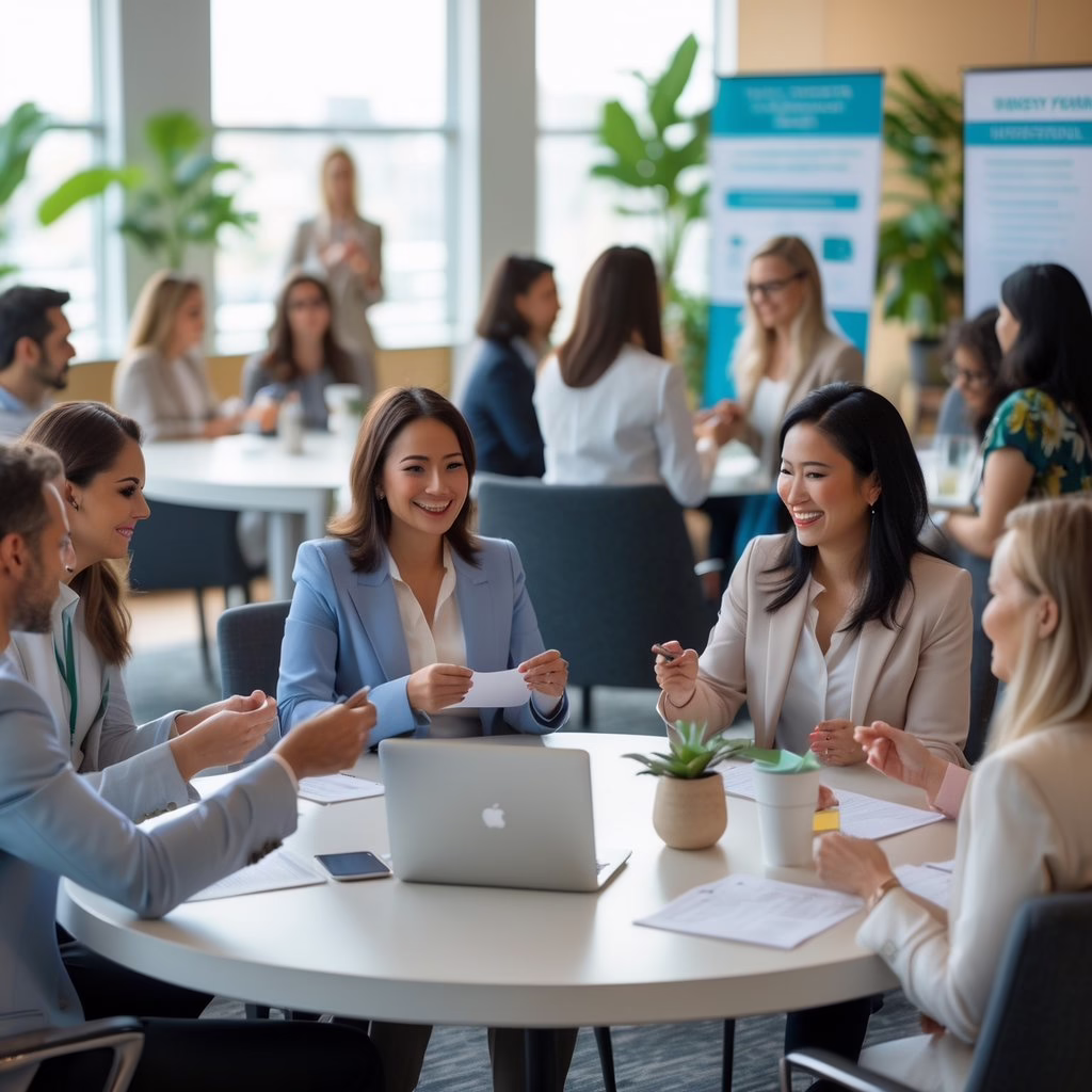 A diverse group of people talking and exchanging business cards at a networking event in a bright conference room.