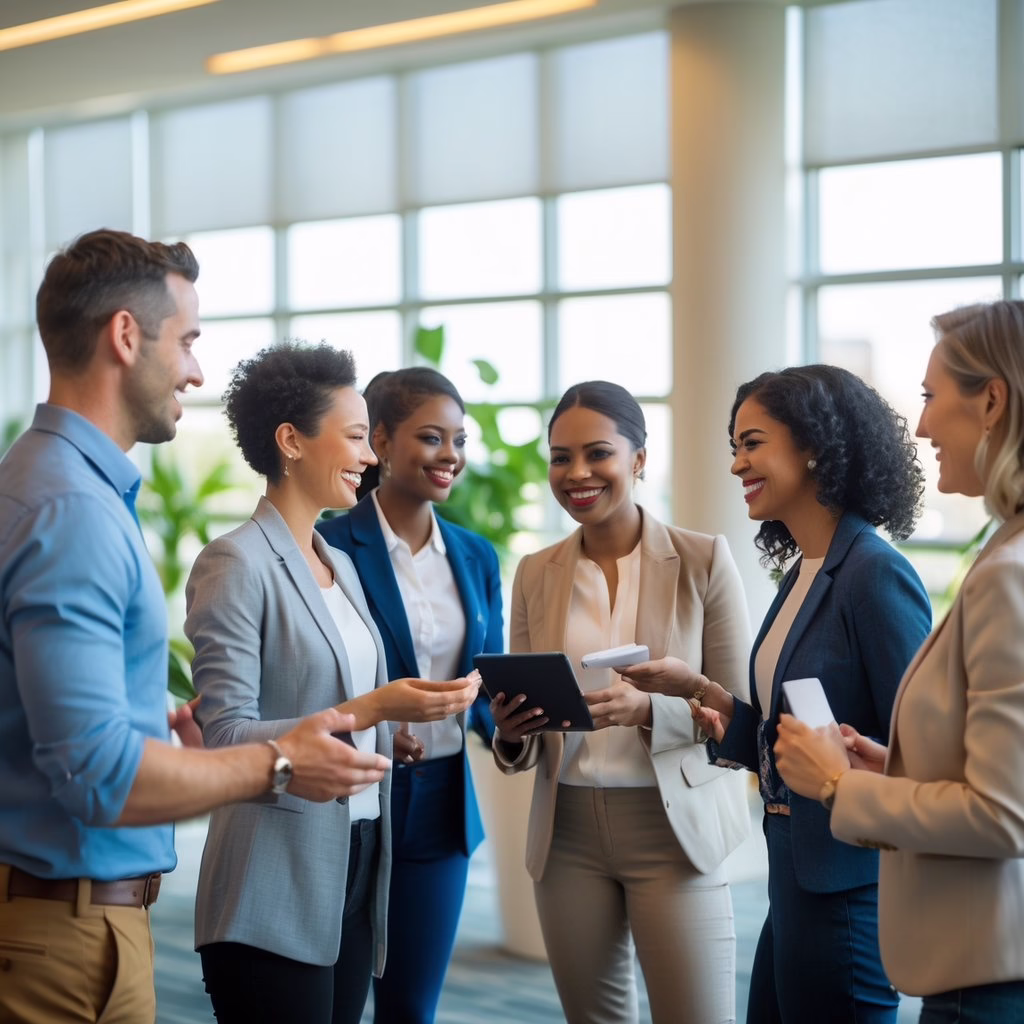 A diverse group of people talking and exchanging business cards in a bright conference room during a networking event.