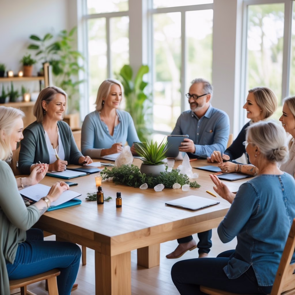 A group of adults sitting around a table in a bright room, actively participating in a holistic workshop with natural elements on the table.
