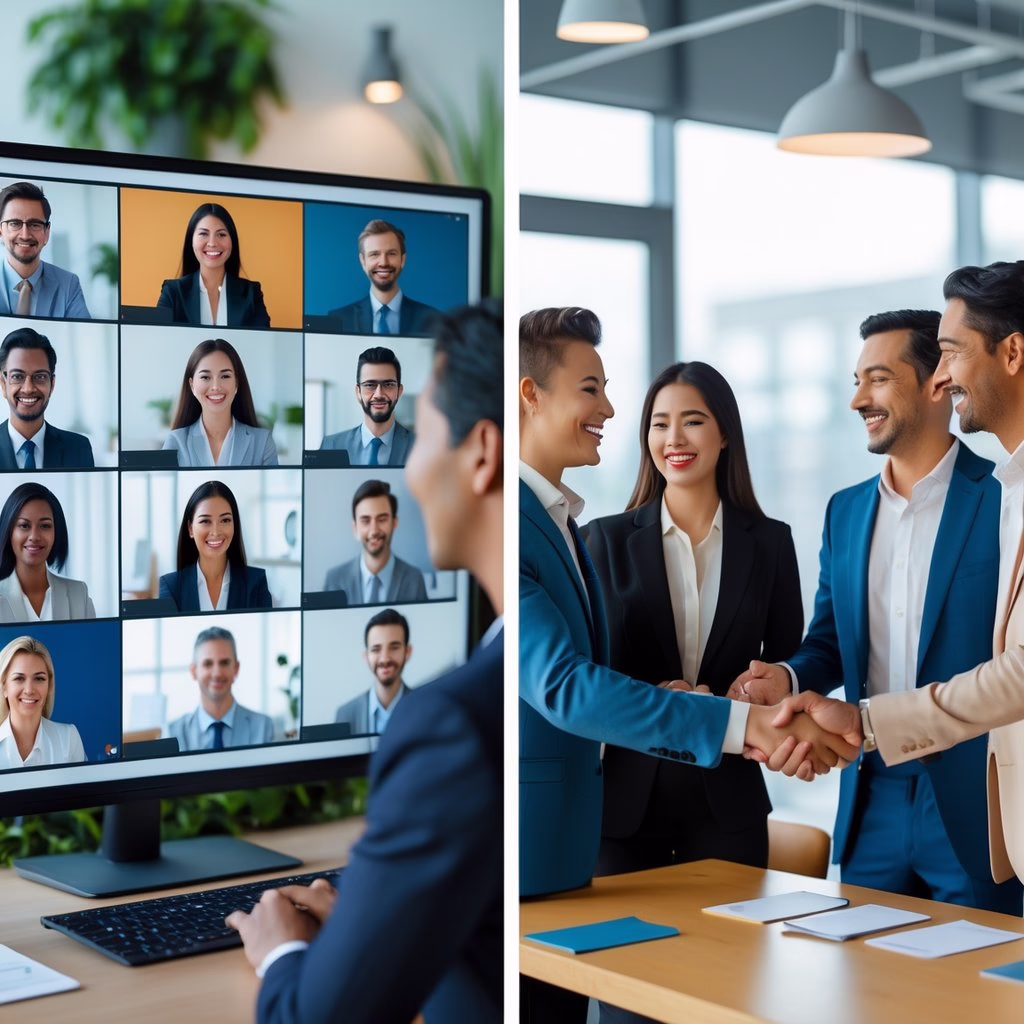 A split scene showing people networking through a video call on one side and shaking hands in an office on the other, with plants and warm lighting.