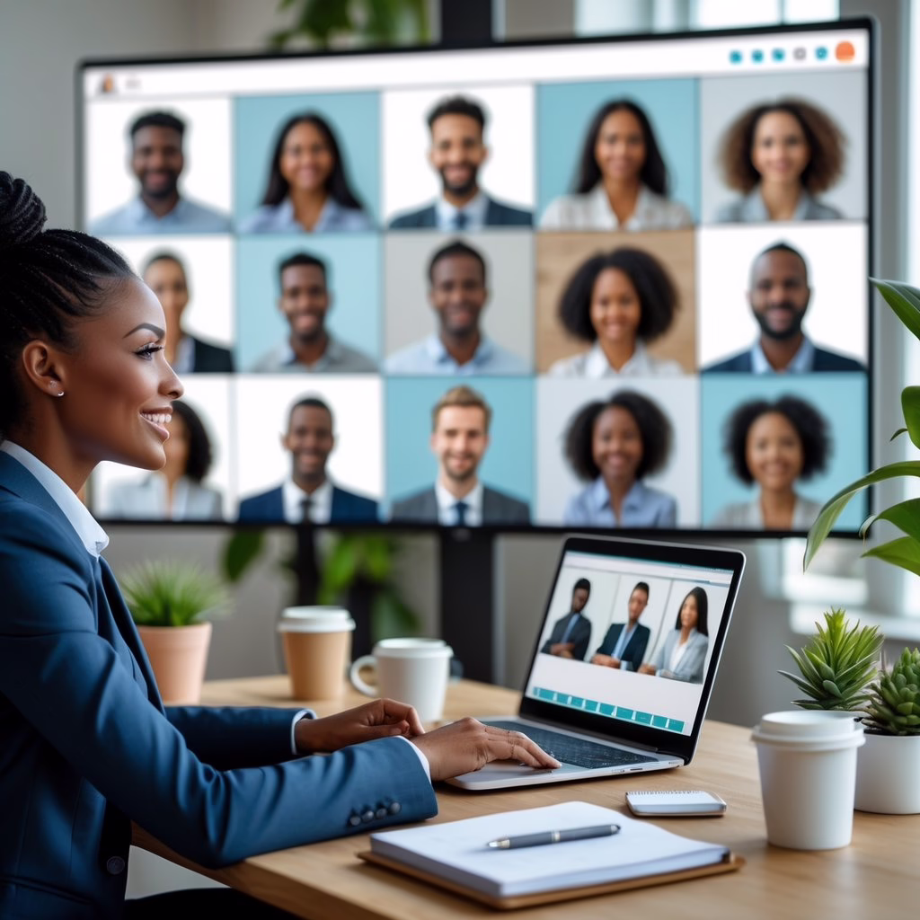A diverse group of professionals participating in a virtual meeting, with a woman taking notes at her laptop in a home office setting.