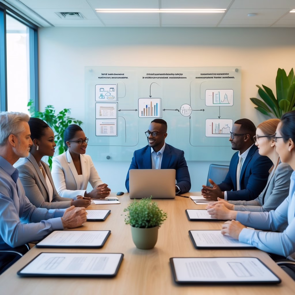 A diverse group of holistic practitioners sitting around a table, discussing and collaborating in a bright office with charts and diagrams on a laptop and whiteboard.