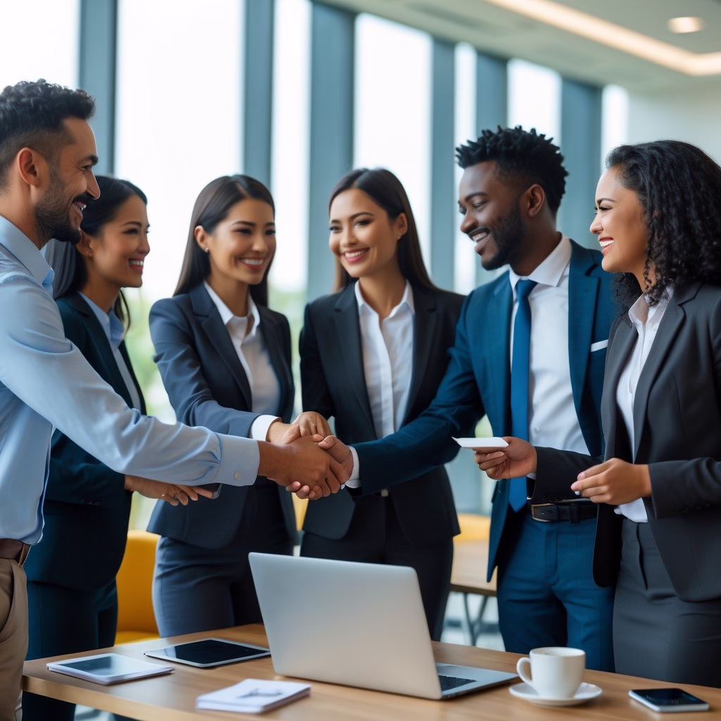 A diverse group of business professionals networking and conversing in a bright conference room.