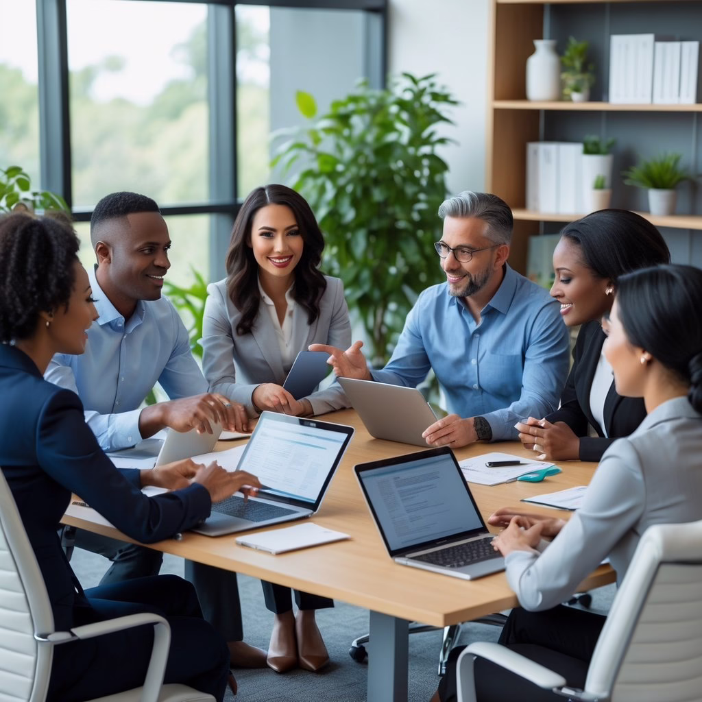 A diverse group of holistic health practitioners collaborating around a conference table in a bright office.