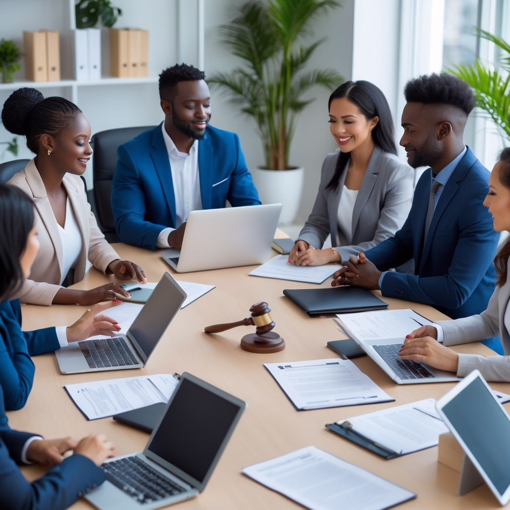 A diverse group of holistic practitioners meeting around a conference table with laptops and legal documents in a modern office.