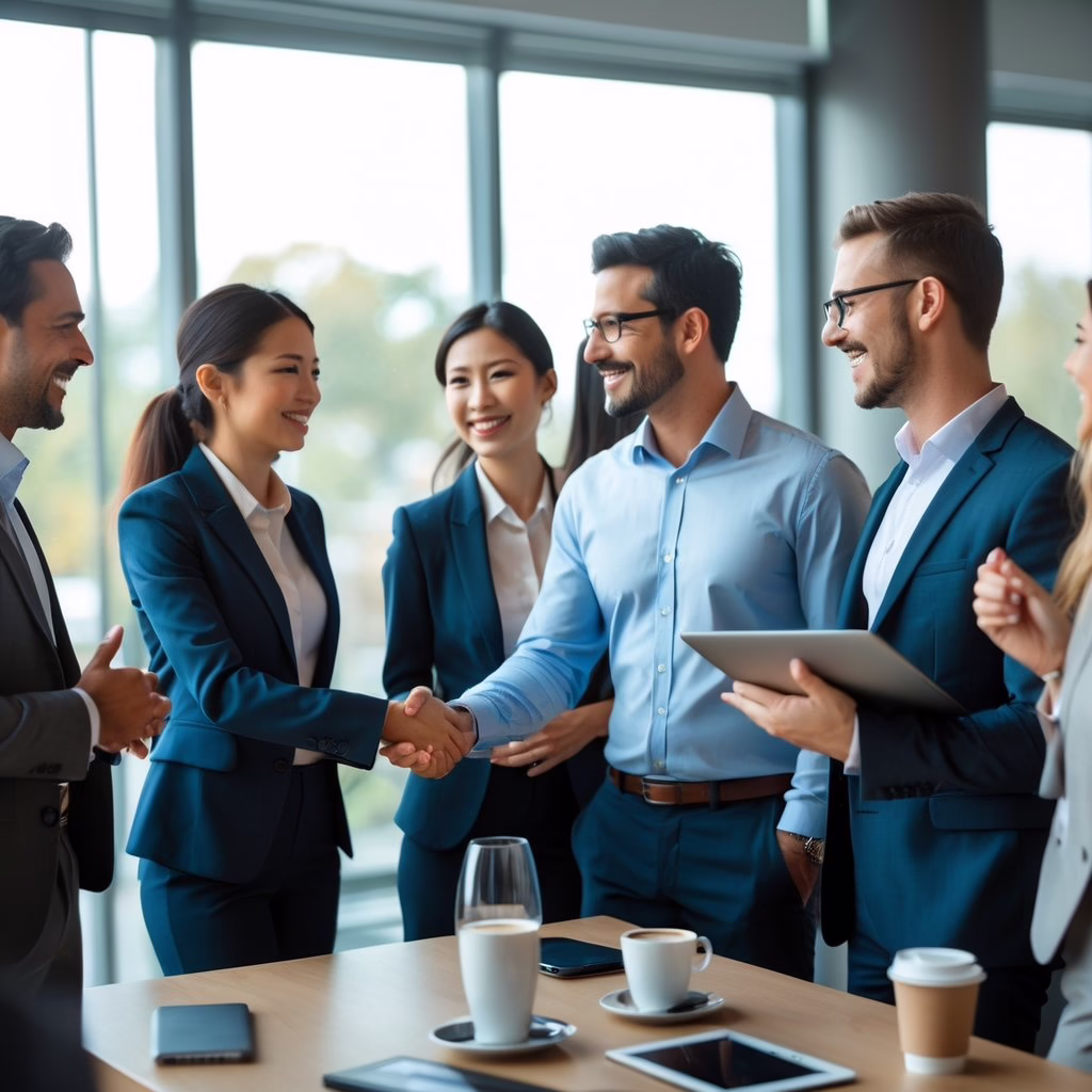 A group of diverse professionals interacting and shaking hands in a bright conference room during an in-person networking event.