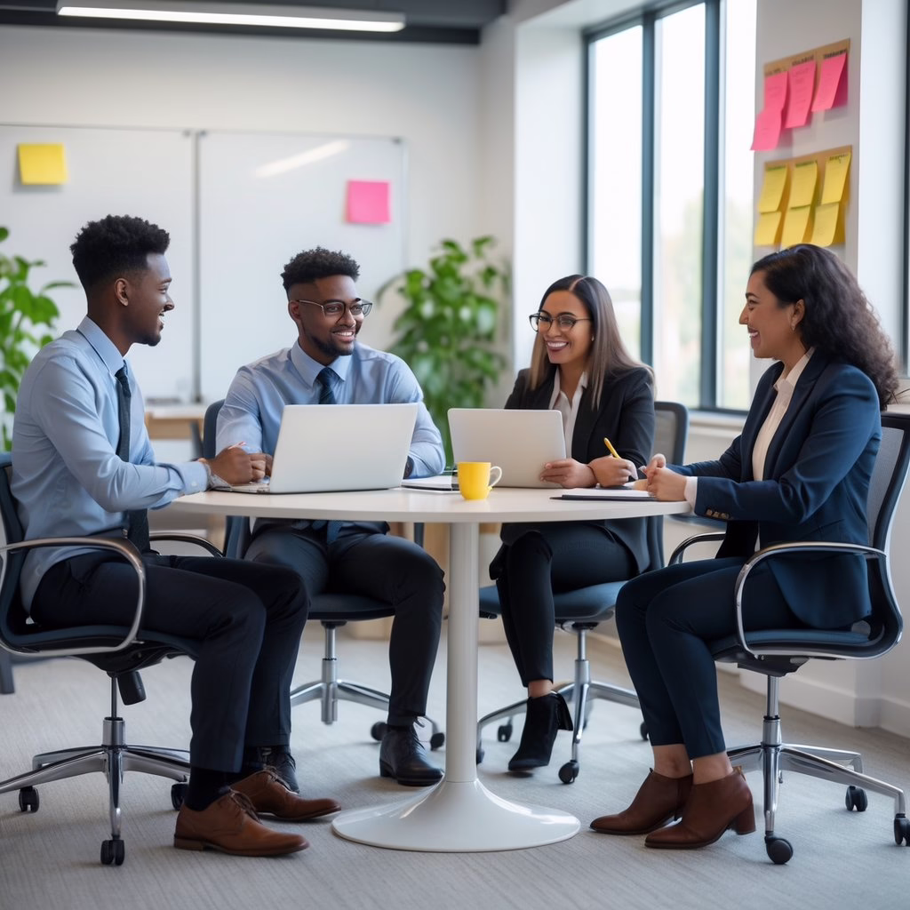 Two pairs of young adults seated at a table in an office, engaged in a mentorship discussion with laptops and notes.