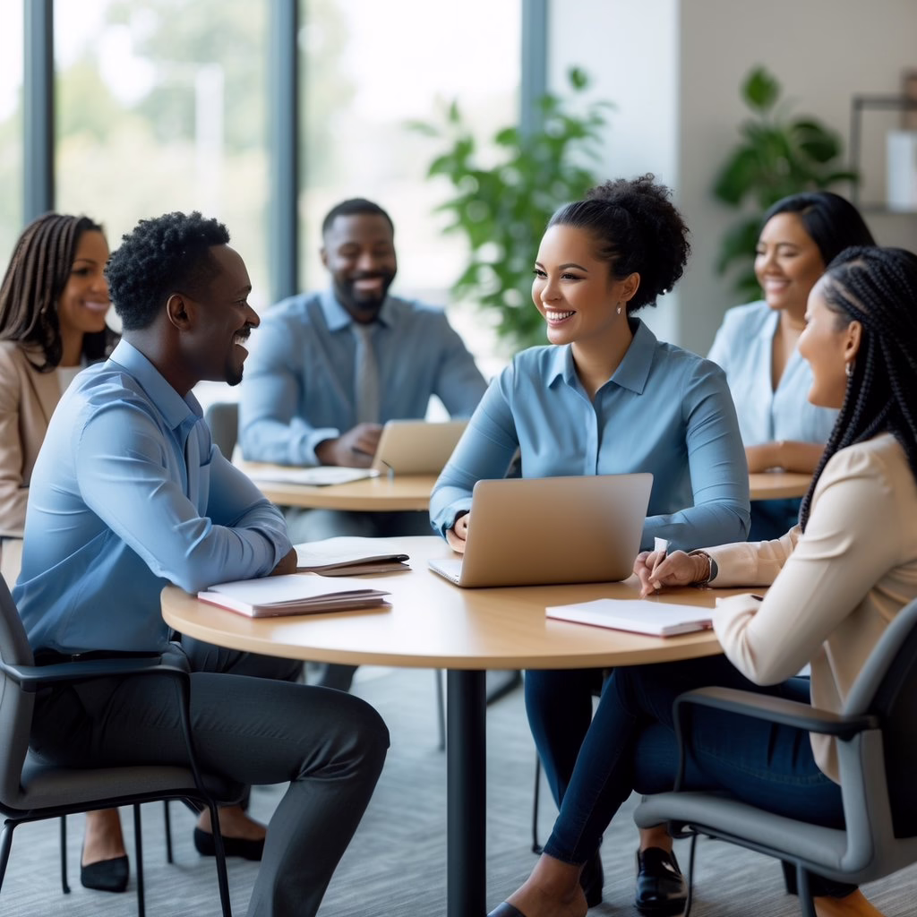 A diverse group of adults engaged in friendly mentorship conversations around tables in a bright office space.