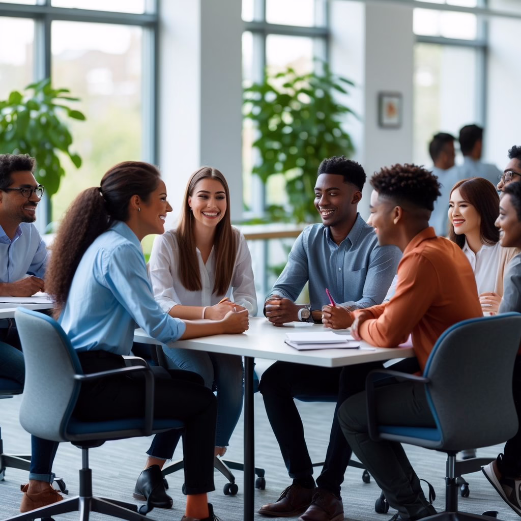 A group of young adults in an office setting engaged in friendly mentorship conversations.
