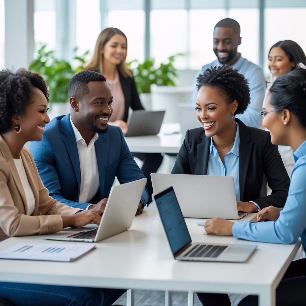 A mentor and mentee sitting together at a table in an office, engaging in a friendly conversation while others collaborate in the background.