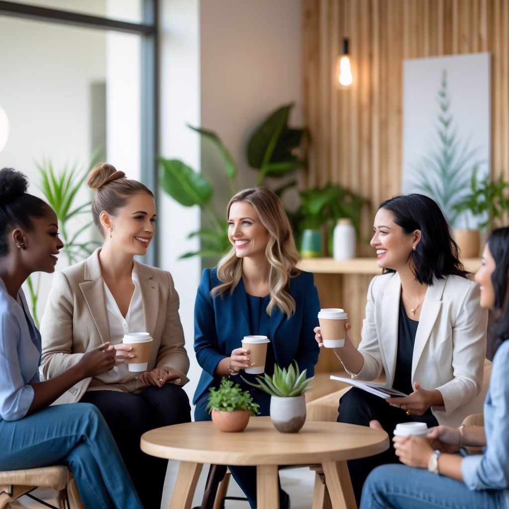A group of diverse professionals engaged in friendly conversation at a networking event in a bright, plant-filled room.