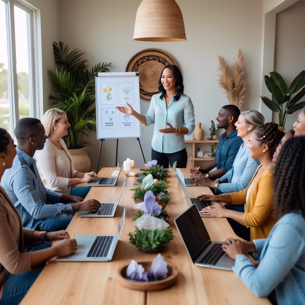 A holistic practitioner leads a workshop with a diverse group of attentive participants seated around a table in a calm, natural setting.