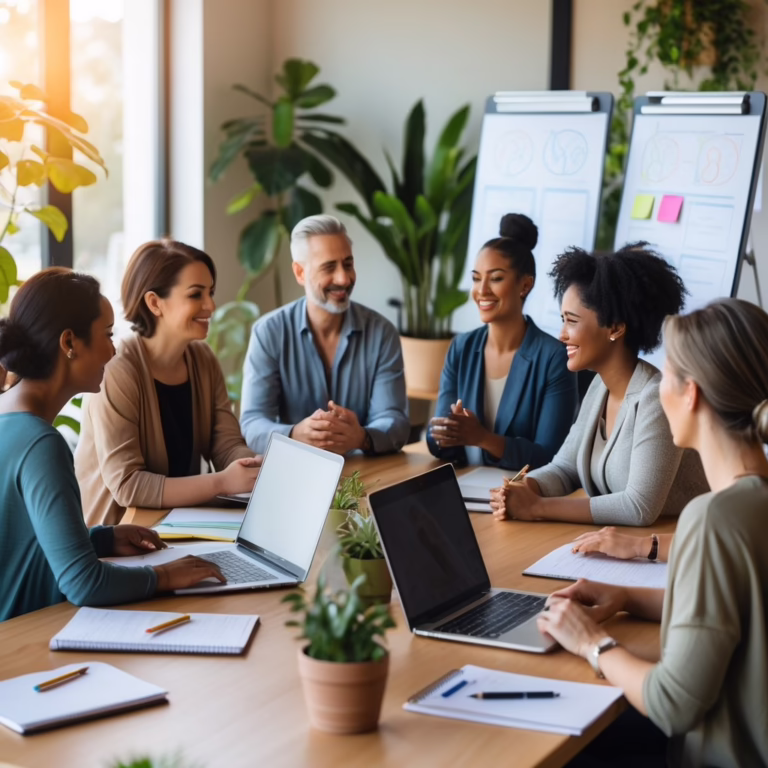 A group of holistic practitioners collaborating around a table with laptops and notebooks in a bright workshop room with plants.