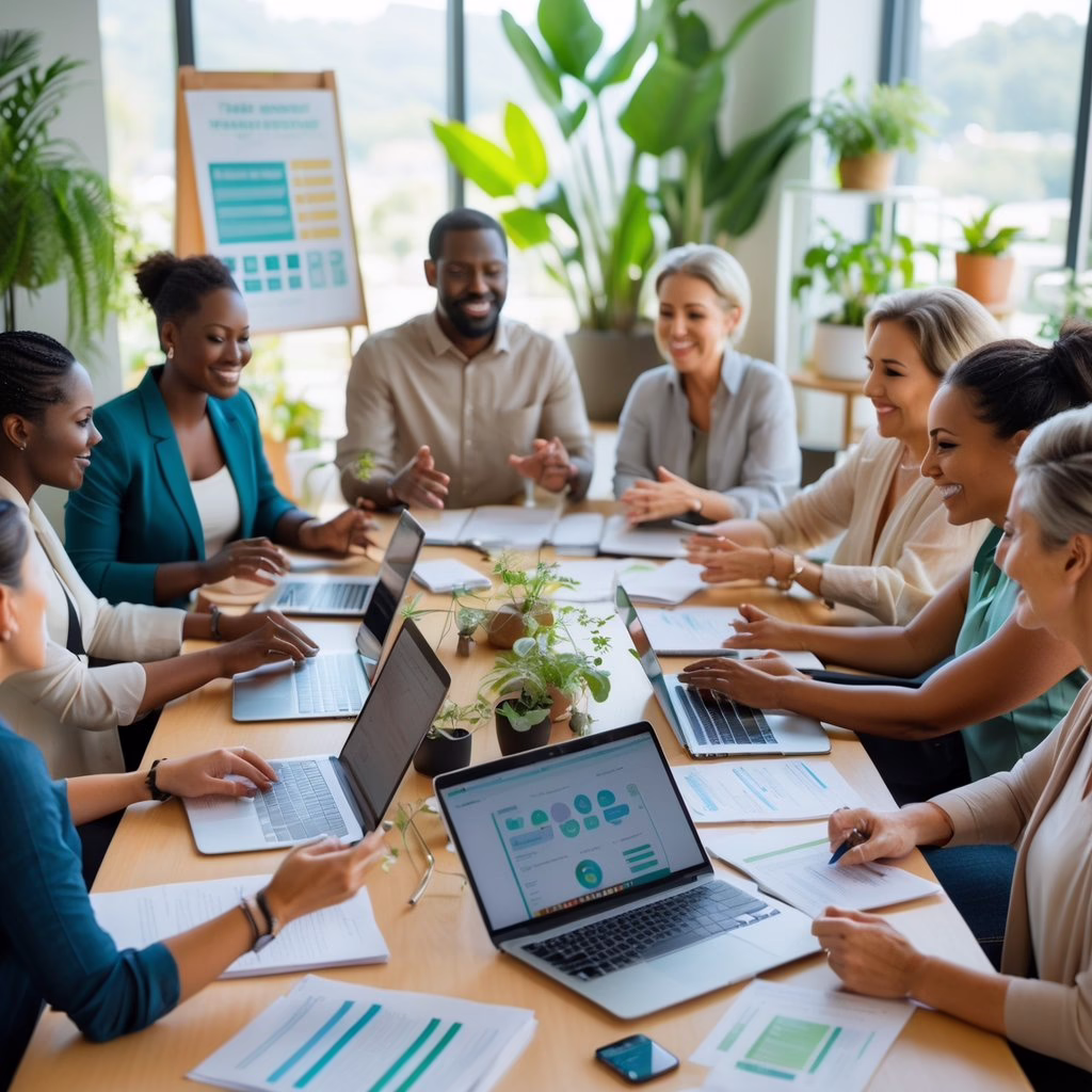 A diverse group of people collaborating around a table in a bright room, discussing and sharing ideas with notebooks and laptops.